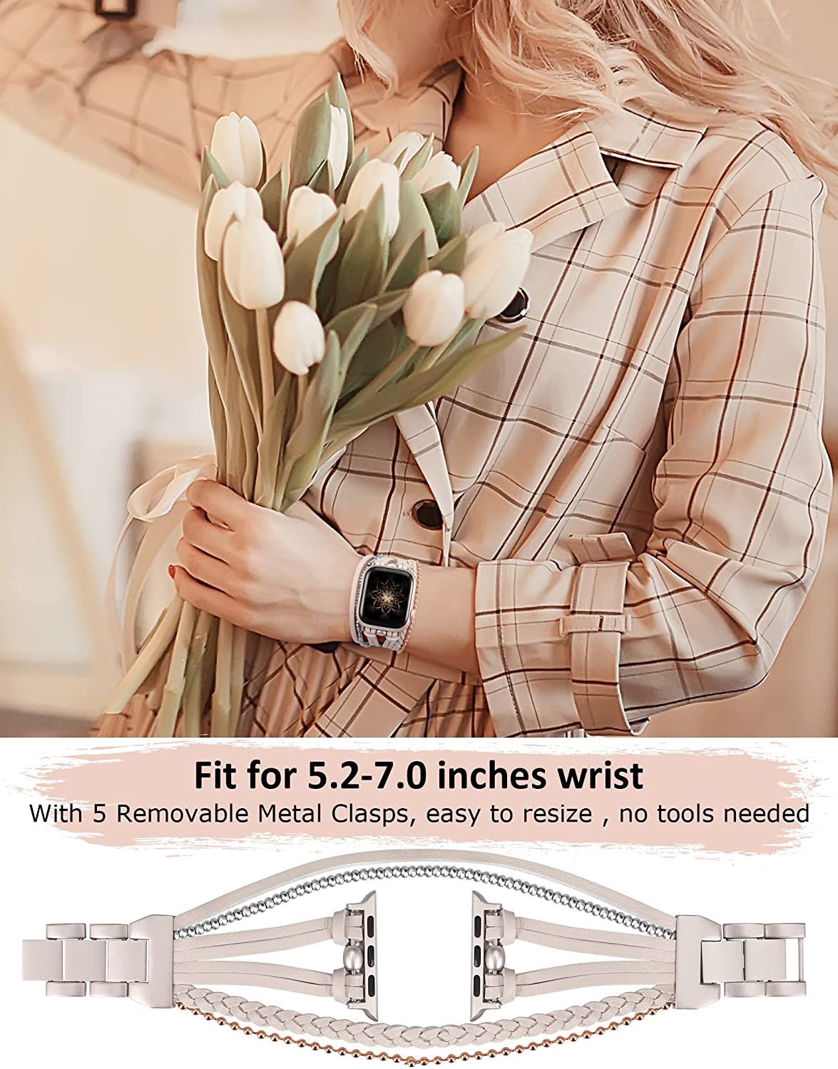 Wearlizer Posh Leather Bands Compatible With Apple Watch Band 41mm 40mm 38mm Women, Boho Handmade Braided Beads Bracelets Multilayer Wrap Jewelry Strap For iwatch Series Ultra 8 7 6 5 4 3 2 1 Se - Image 4